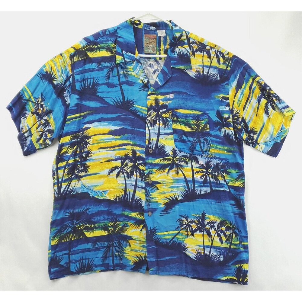 Pineapple Connection Hawaiian Shirt Men XL Blue Yellow Palm Tree Button-Up